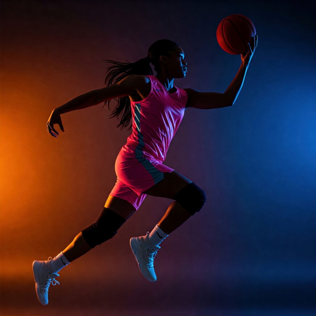 Dynamic Basketball Player in Action, Neon Lit